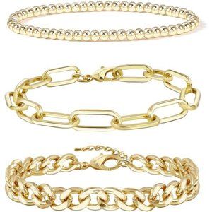 Gold Chain Bracelet Sets Women 14K Gold Plated Dainty Link Paperclip Bracelets